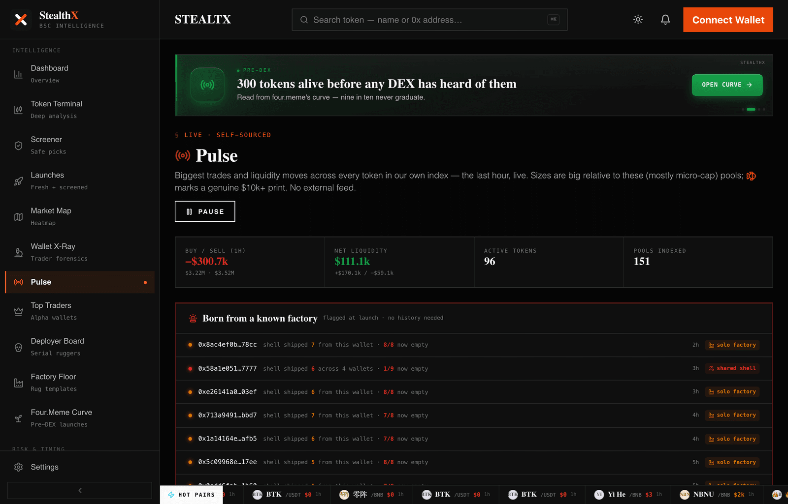 Pulse: factory alarms above the live trade and liquidity feeds.